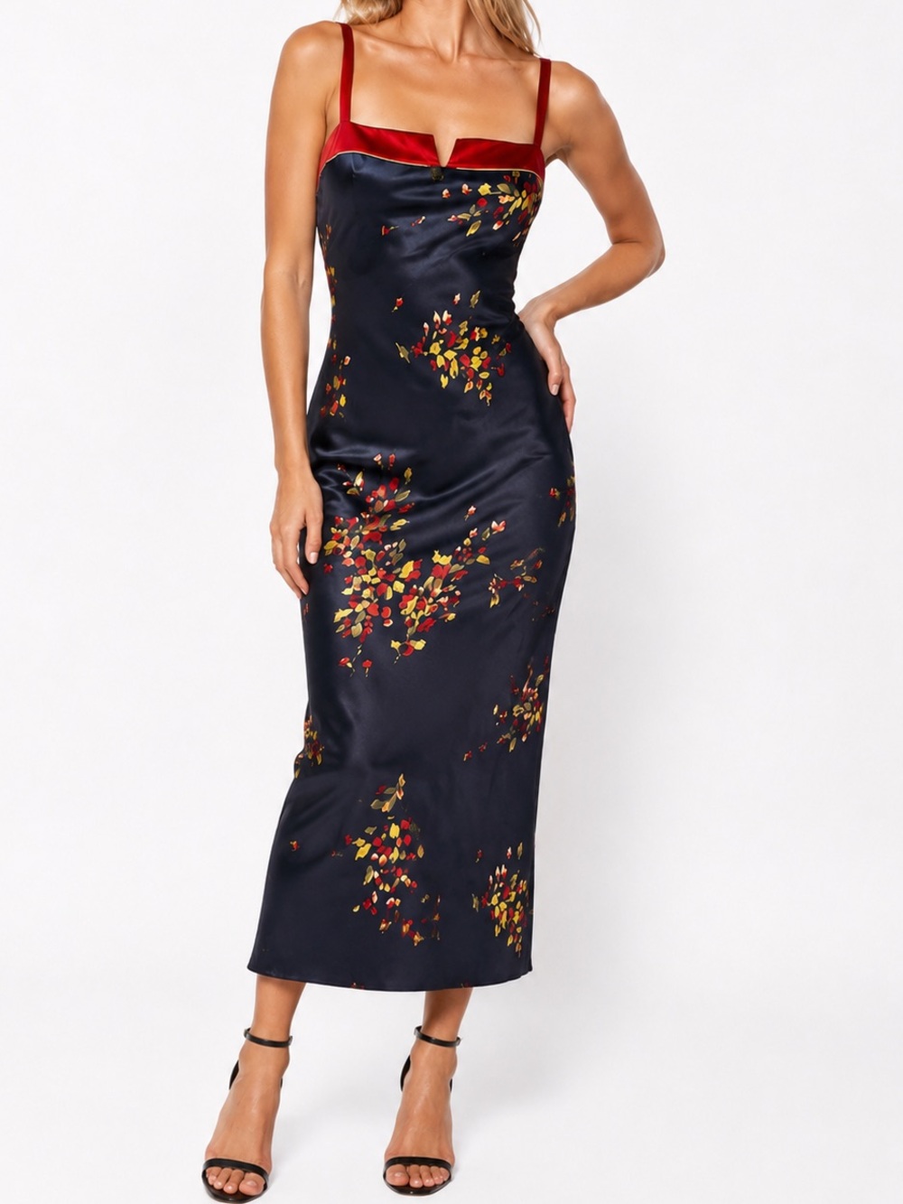 JONES NEW YORK Black Satin Slip Floral Maxi Dress w Red Trim